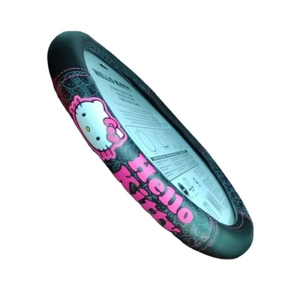 Hello Kitty Black Hot Pink Faux Leather Steering Wheel Cover NWT - Picture 9 of 10
